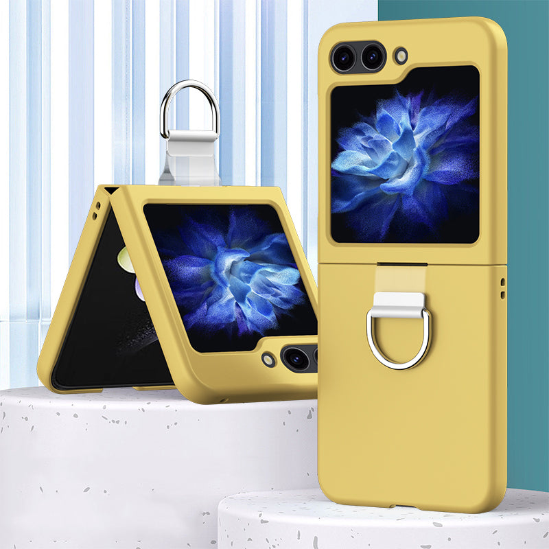 For Samsung Galaxy Z Flip6 5G Hard PC Case Metal Ring Holder Anti-Slip Skin-Touch Phone Cover - Yellow