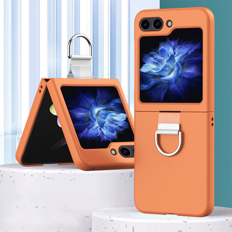 For Samsung Galaxy Z Flip6 5G Hard PC Case Metal Ring Holder Anti-Slip Skin-Touch Phone Cover - Orange