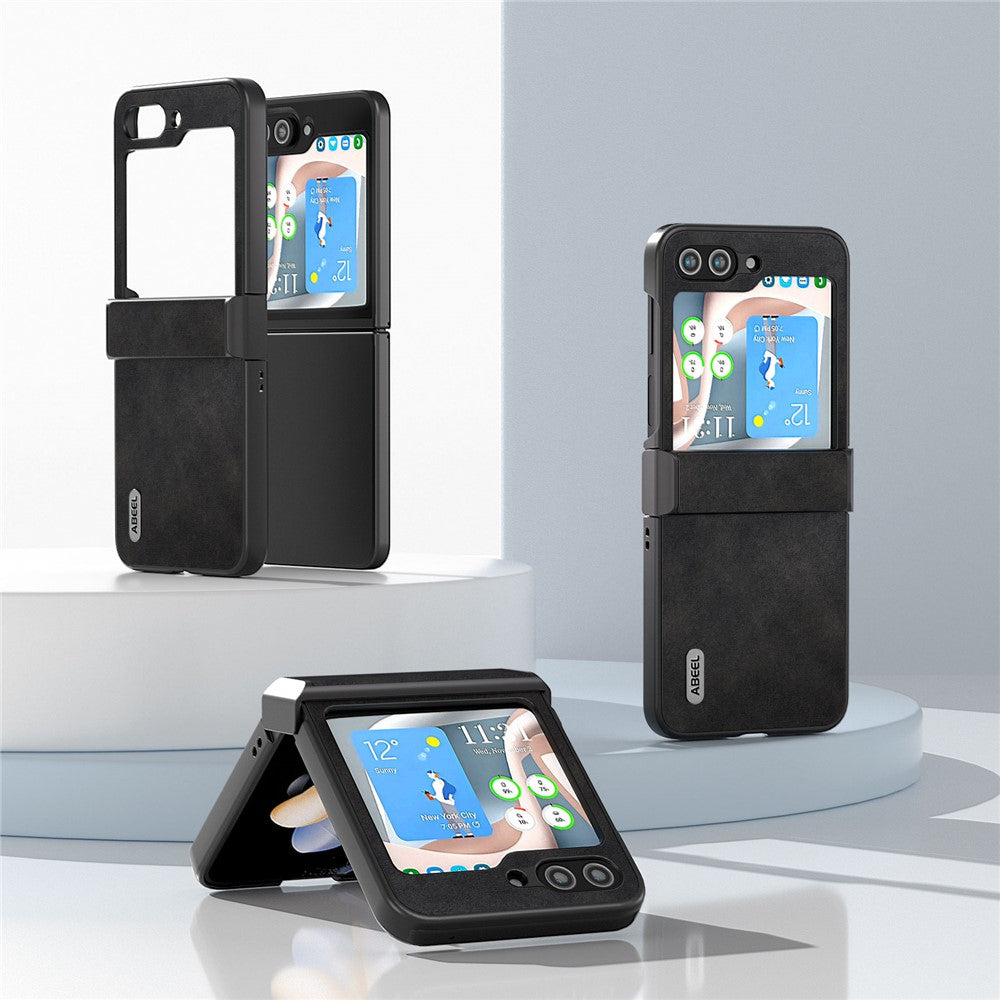 ABEEL For Samsung Galaxy Z Flip7 FE 5G / Z Flip6 5G Phone Case Anti-Scratch PU+PC Hinge Protection Cover - Black