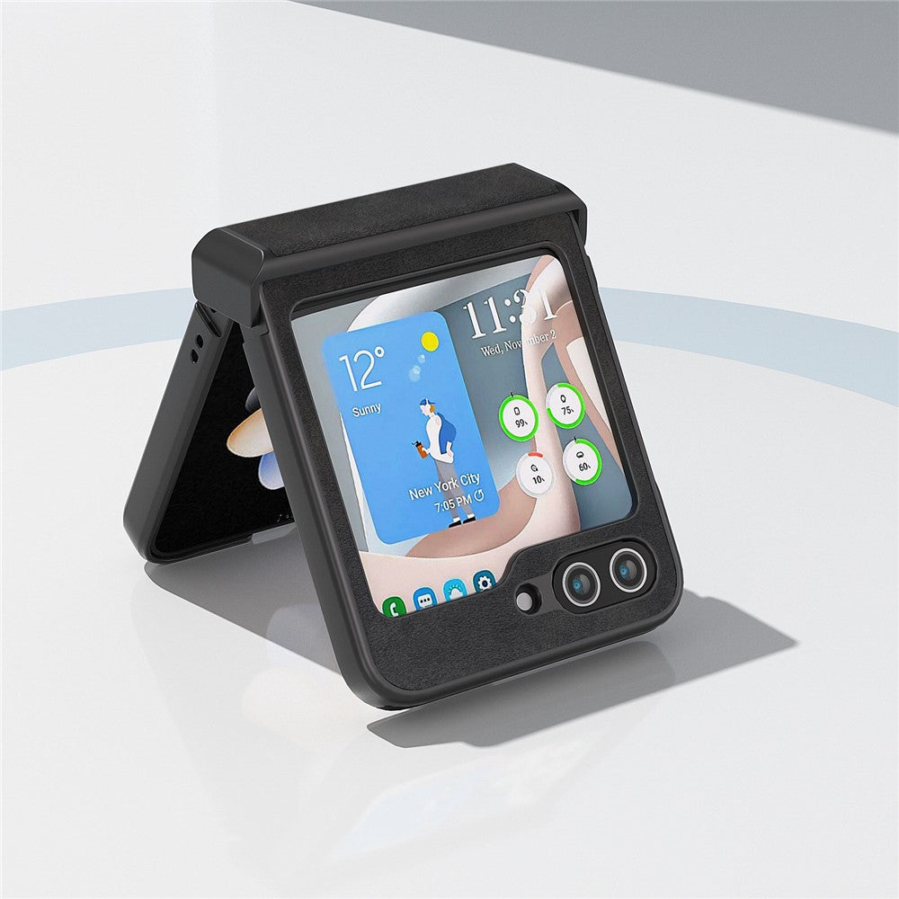 ABEEL For Samsung Galaxy Z Flip7 FE 5G / Z Flip6 5G Phone Case Anti-Scratch PU+PC Hinge Protection Cover - Black