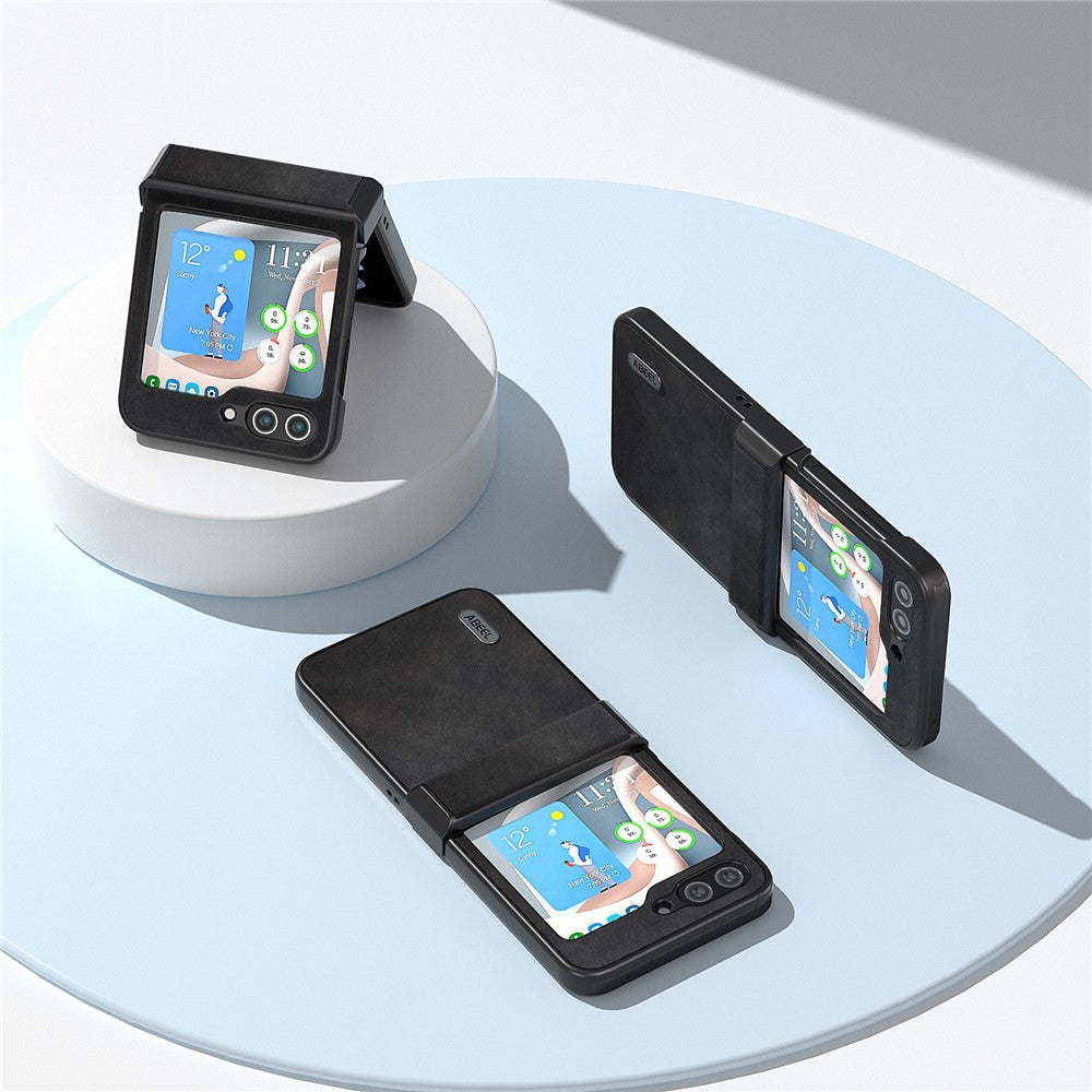 ABEEL For Samsung Galaxy Z Flip7 FE 5G / Z Flip6 5G Phone Case Anti-Scratch PU+PC Hinge Protection Cover - Black