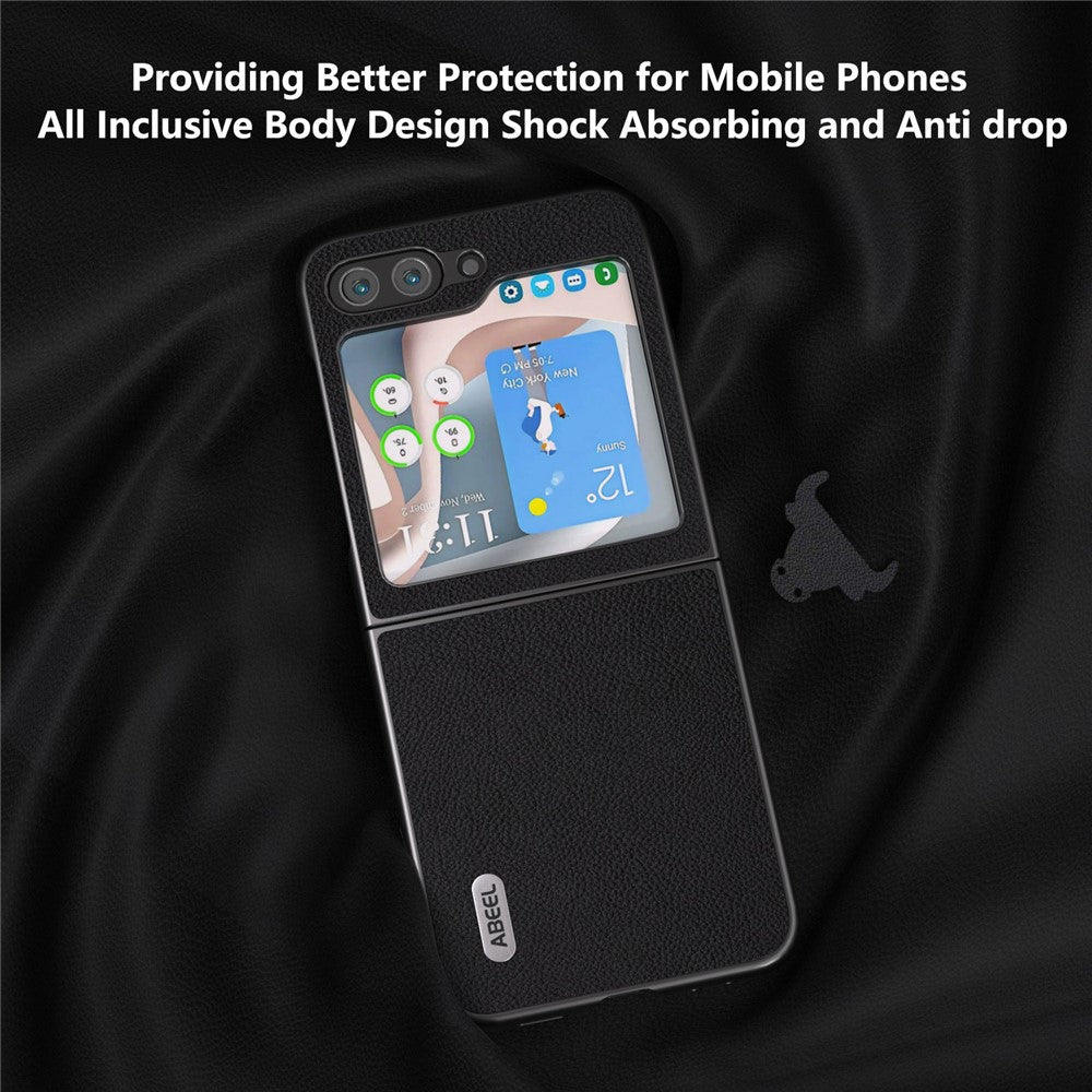 ABEEL For Samsung Galaxy Z Flip7 FE 5G / Z Flip6 5G Case Cowhide Leather Litchi Texture Phone Protective Cover - Black