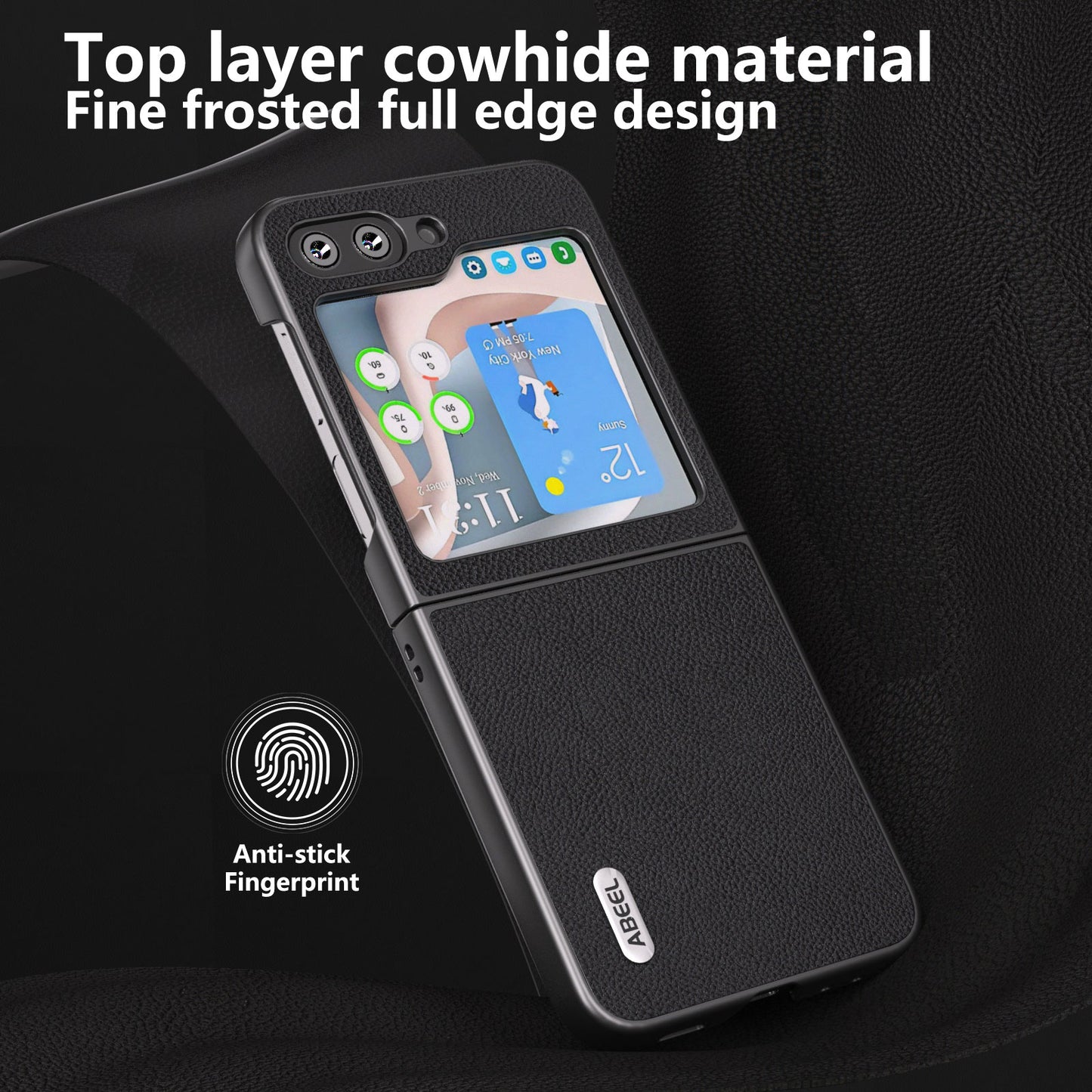 ABEEL For Samsung Galaxy Z Flip6 5G Case Cowhide Leather Litchi Texture Phone Protective Cover - Black