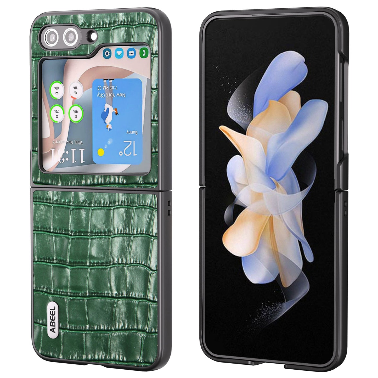 ABEEL For Samsung Galaxy Z Flip6 5G Genuine Cow Leather+PC Phone Cover Crocodile Texture Anti-Drop Case - Green