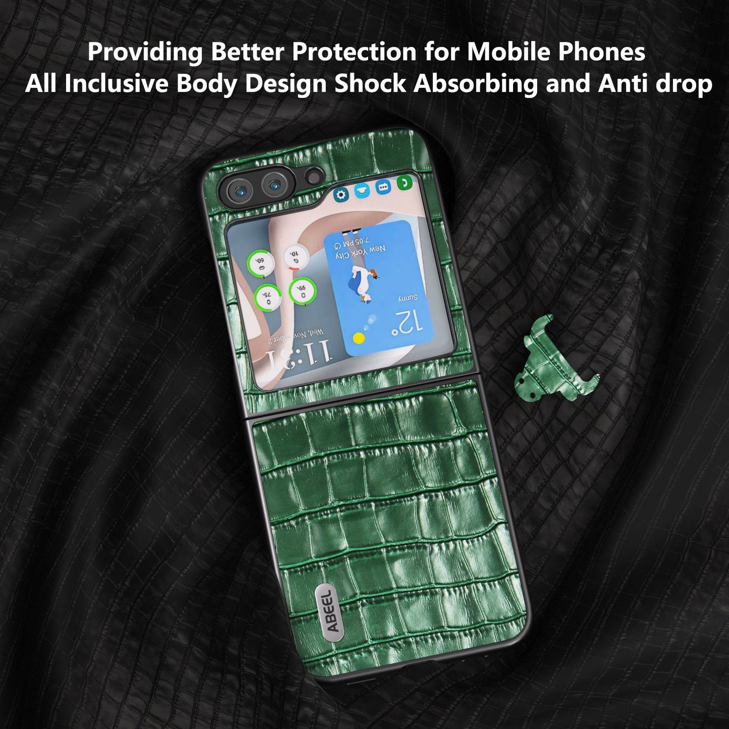 ABEEL For Samsung Galaxy Z Flip6 5G Genuine Cow Leather+PC Phone Cover Crocodile Texture Anti-Drop Case - Green