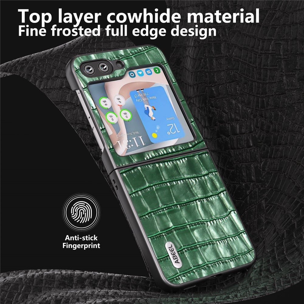 ABEEL For Samsung Galaxy Z Flip7 FE 5G / Z Flip6 5G Genuine Cow Leather+PC Phone Cover Crocodile Texture Anti-Drop Case - Green