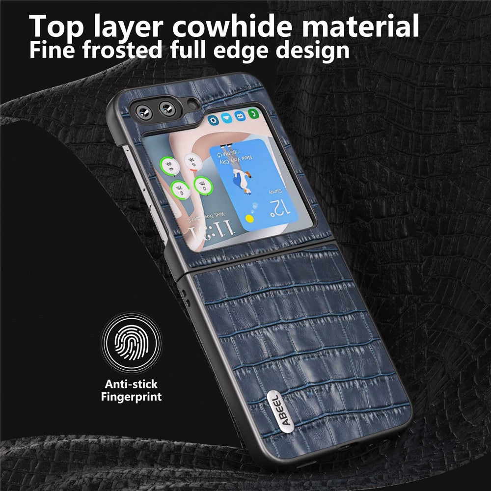 ABEEL For Samsung Galaxy Z Flip7 FE 5G / Z Flip6 5G Genuine Cow Leather+PC Phone Cover Crocodile Texture Anti-drop Case - Blue