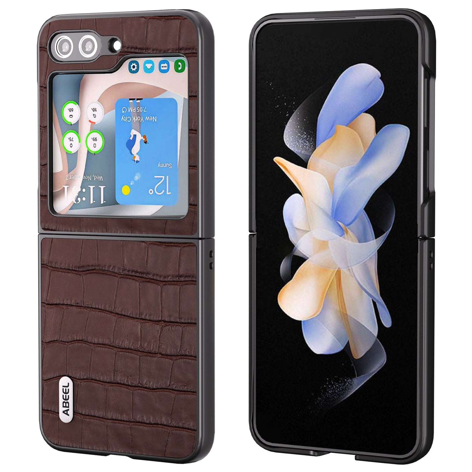 ABEEL For Samsung Galaxy Z Flip6 5G Genuine Cow Leather+PC Phone Cover Crocodile Texture Anti-drop Case - Brown
