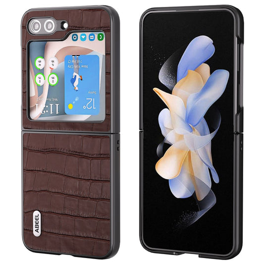 ABEEL For Samsung Galaxy Z Flip7 FE 5G / Z Flip6 5G Genuine Cow Leather+PC Phone Cover Crocodile Texture Anti-drop Case - Brown