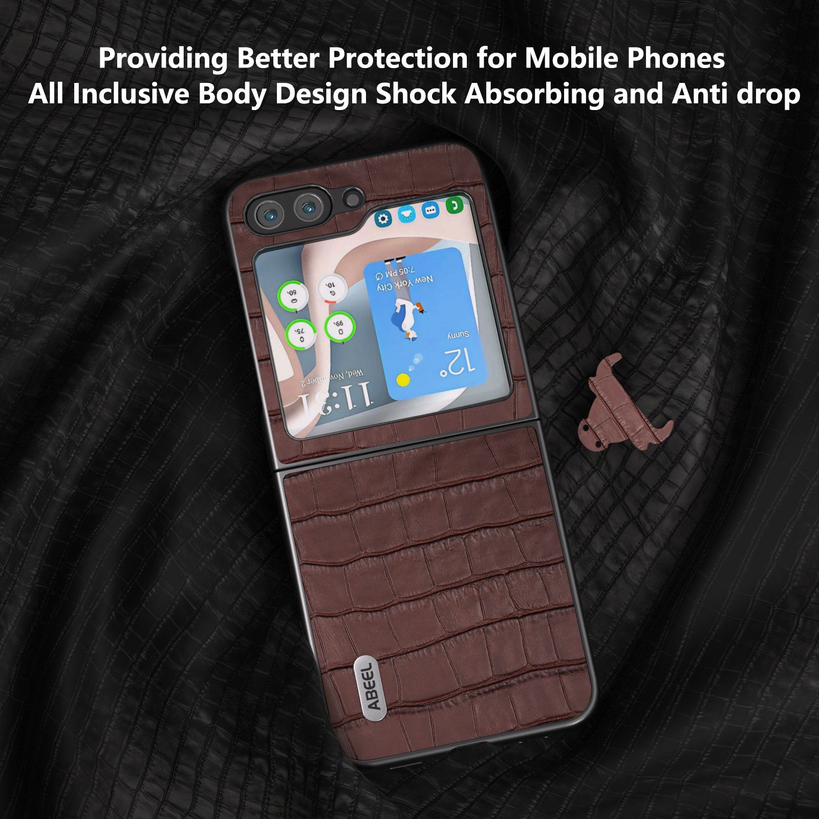 ABEEL For Samsung Galaxy Z Flip6 5G Genuine Cow Leather+PC Phone Cover Crocodile Texture Anti-drop Case - Brown