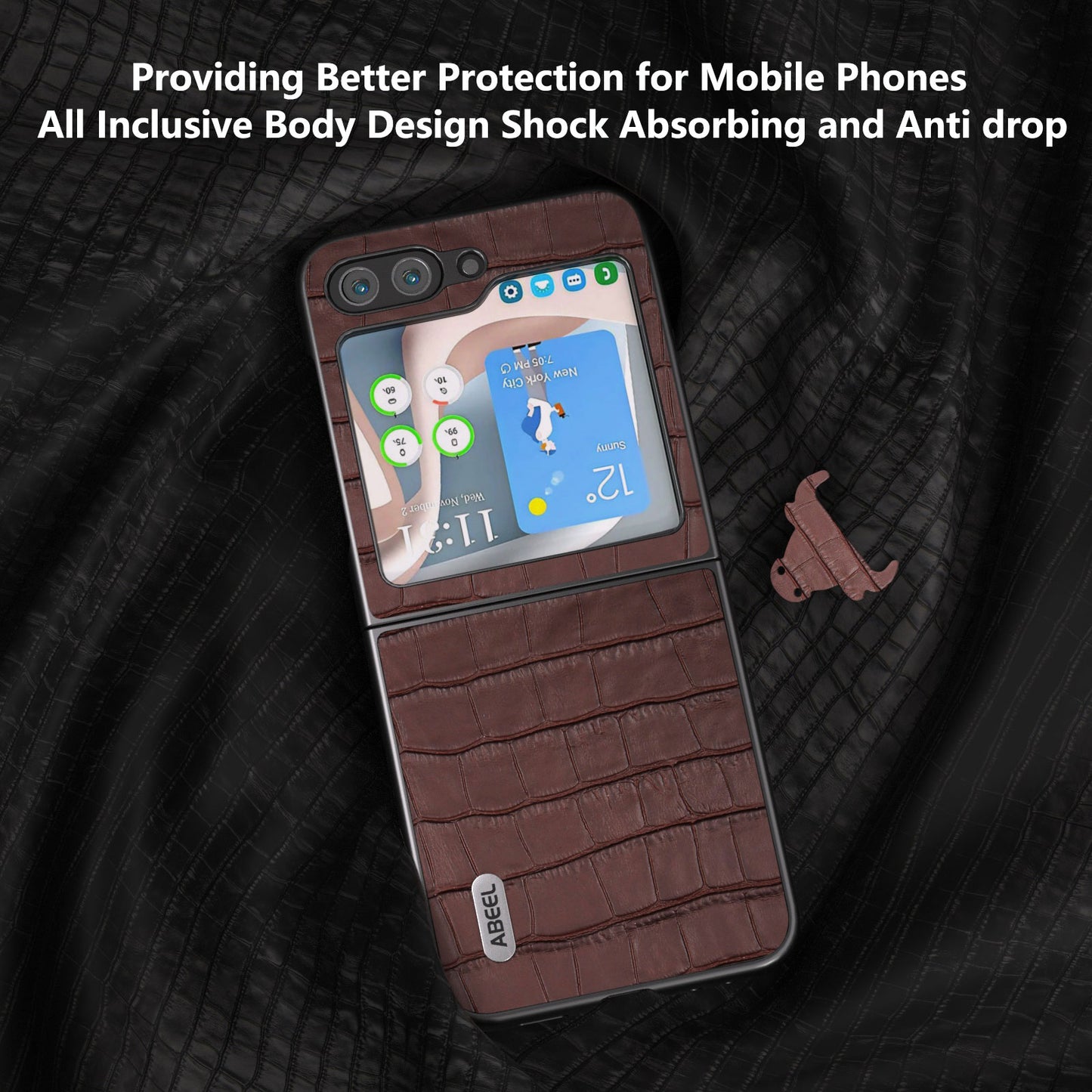 ABEEL For Samsung Galaxy Z Flip6 5G Genuine Cow Leather+PC Phone Cover Crocodile Texture Anti-drop Case - Brown