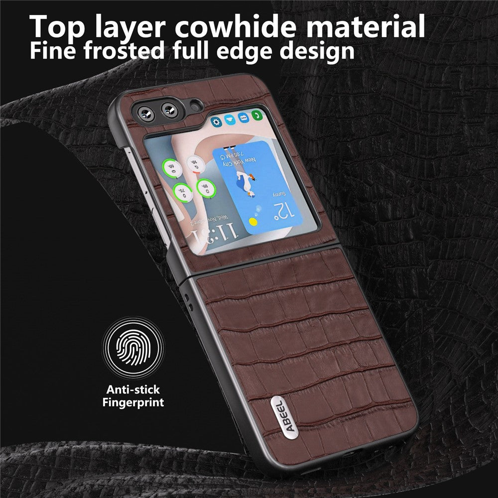 ABEEL For Samsung Galaxy Z Flip7 FE 5G / Z Flip6 5G Genuine Cow Leather+PC Phone Cover Crocodile Texture Anti-drop Case - Brown