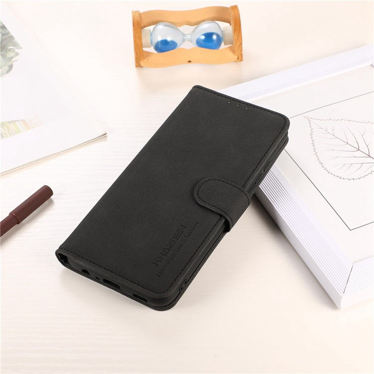 KHAZNEH For iPhone 16 Case Texture PU Leather Folding Stand Phone Cover - Black
