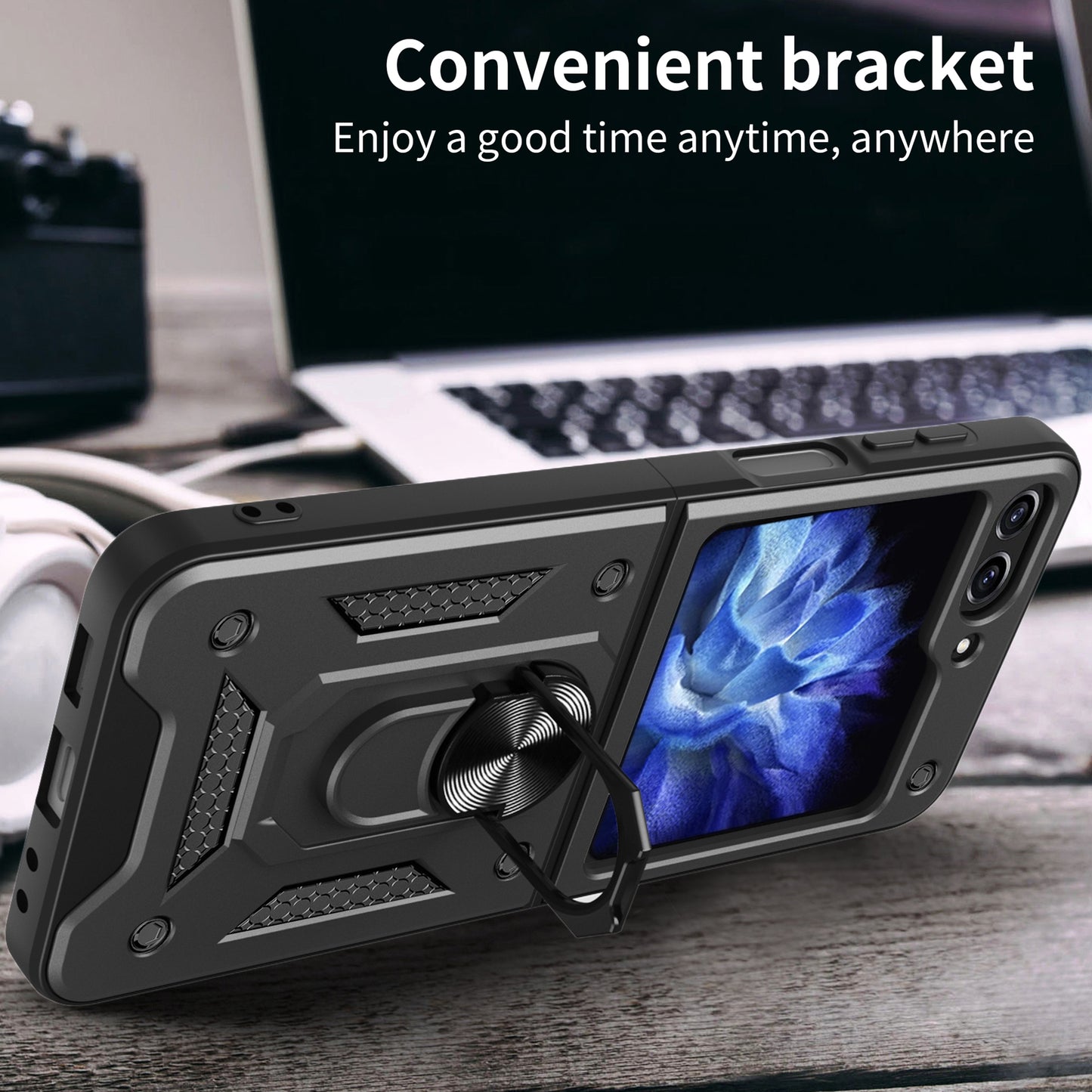 For Samsung Galaxy Z Flip6 5G Case Ring Holder PC+TPU Phone Cover - Black