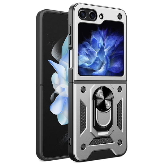 For Samsung Galaxy Z Flip7 FE 5G / Z Flip6 5G Case Ring Holder PC+TPU Phone Cover - Silver