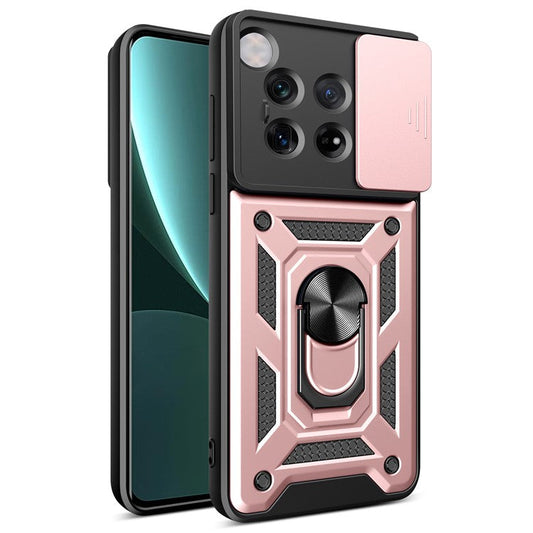 For OnePlus 12 5G Anti-Scratch Phone Shell PC+TPU Phone Cover with Lens Protector+Kickstand - Rose Gold