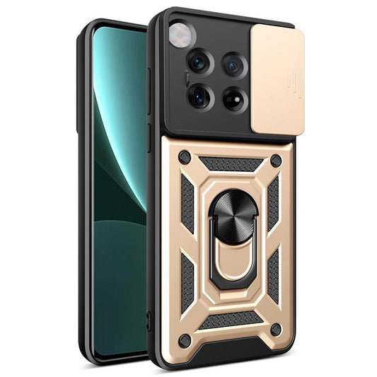 For OnePlus 12 5G Anti-Scratch Phone Shell PC+TPU Phone Cover with Lens Protector+Kickstand - Gold