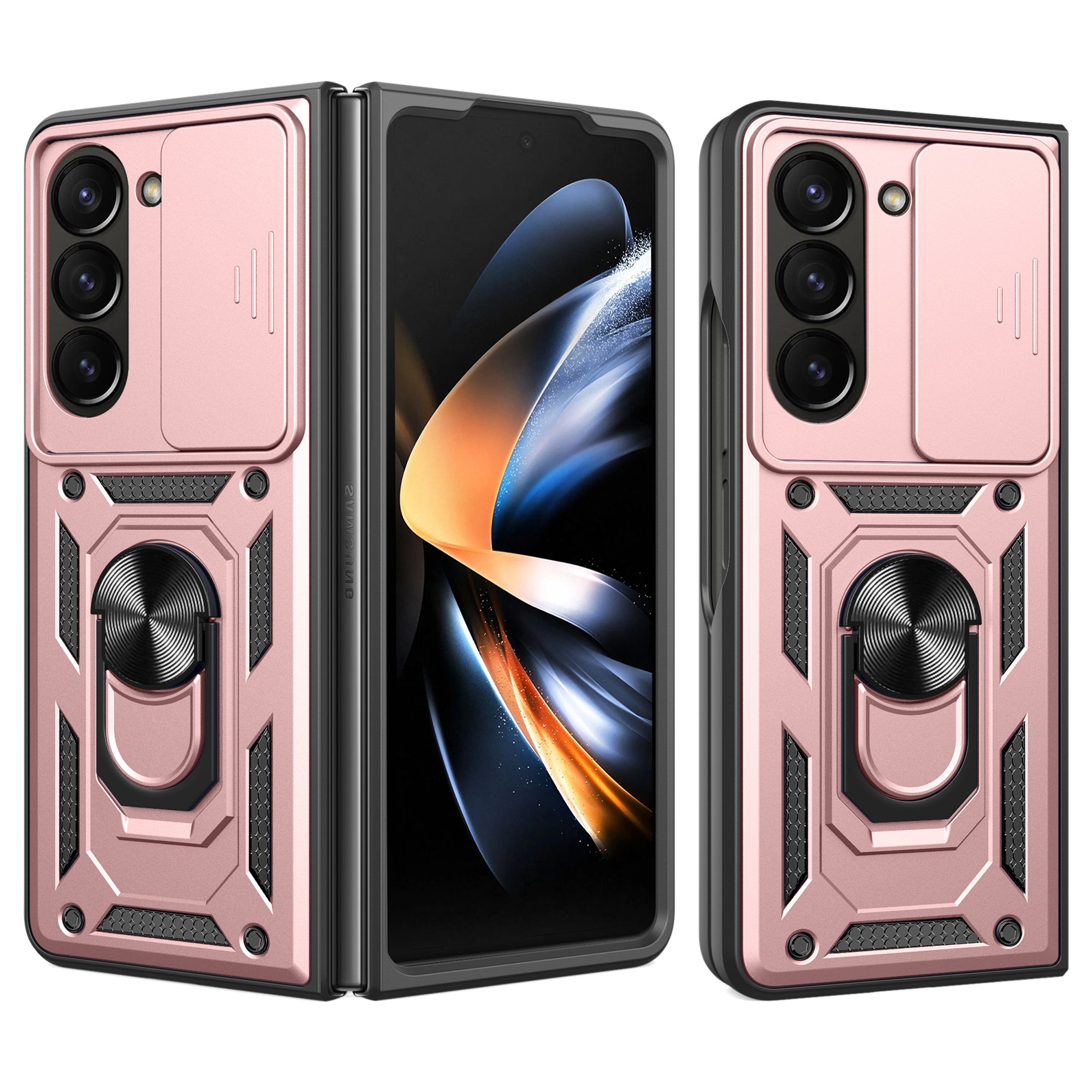 For Samsung Galaxy Z Fold6 5G Case PC+TPU Phone Protective Cover with Lens Protector Kickstand Phone Shell - Rose Gold