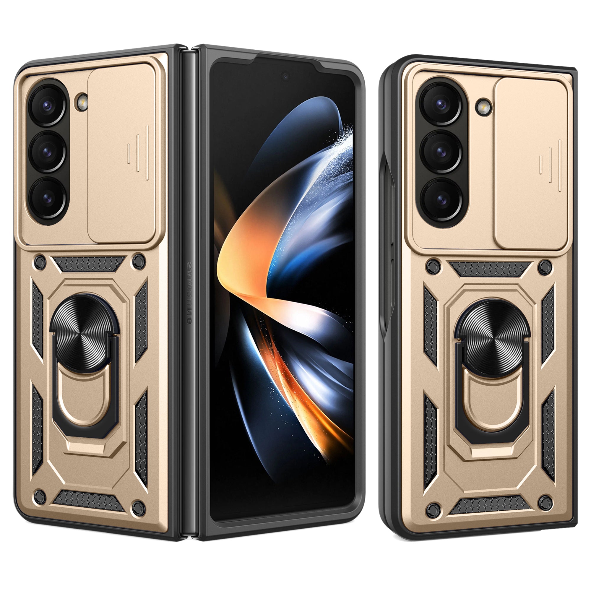 For Samsung Galaxy Z Fold6 5G Case PC+TPU Phone Protective Cover with Lens Protector Kickstand Phone Shell - Gold