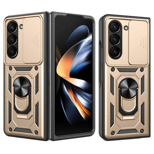 For Samsung Galaxy Z Fold6 5G Case PC+TPU Phone Protective Cover with Lens Protector Kickstand Phone Shell - Gold