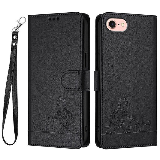 For iPhone 16e Case Cat Mouse Pattern RFID Blocking Leather Cover - Black