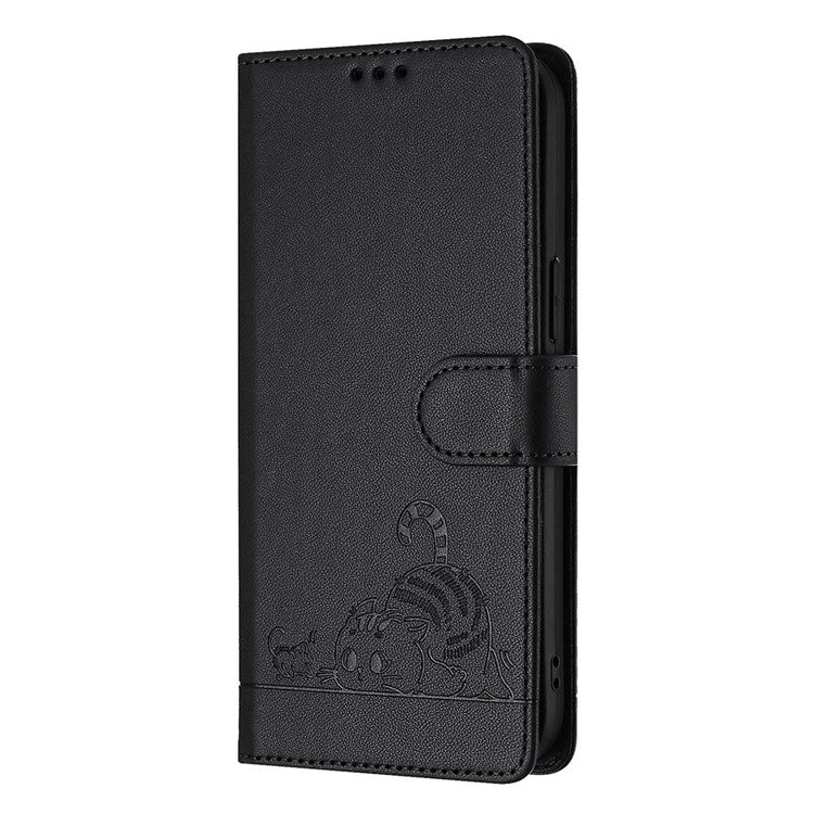 YB Imprinting Series-9 for iPhone SE (2025) Case Cat Mouse Pattern RFID Blocking Leather Cover - Black