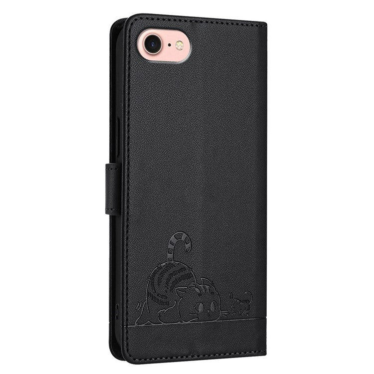 YB Imprinting Series-9 for iPhone SE (2025) Case Cat Mouse Pattern RFID Blocking Leather Cover - Black