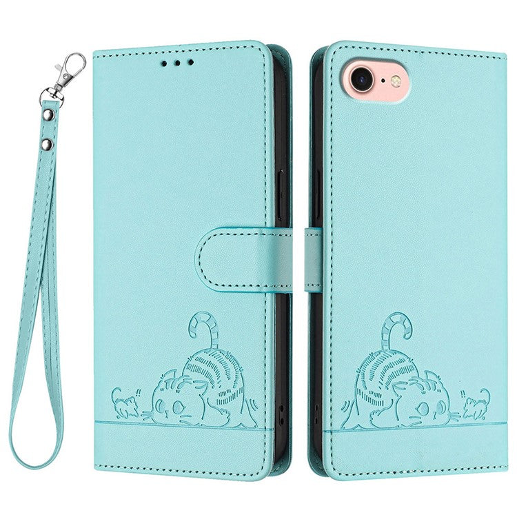 YB Imprinting Series-9 for iPhone SE (2025) Case Cat Mouse Pattern RFID Blocking Leather Cover - Mint Green