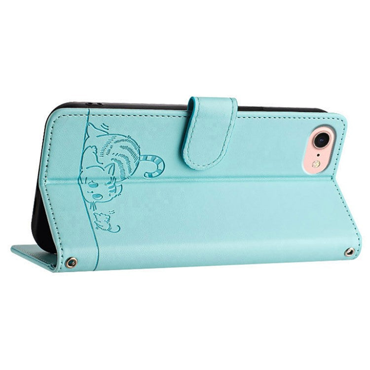 YB Imprinting Series-9 for iPhone SE (2025) Case Cat Mouse Pattern RFID Blocking Leather Cover - Mint Green
