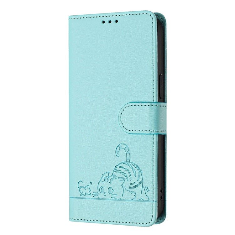 YB Imprinting Series-9 for iPhone SE (2025) Case Cat Mouse Pattern RFID Blocking Leather Cover - Mint Green