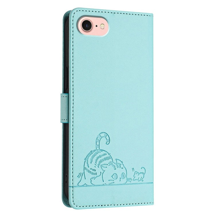 YB Imprinting Series-9 for iPhone SE (2025) Case Cat Mouse Pattern RFID Blocking Leather Cover - Mint Green