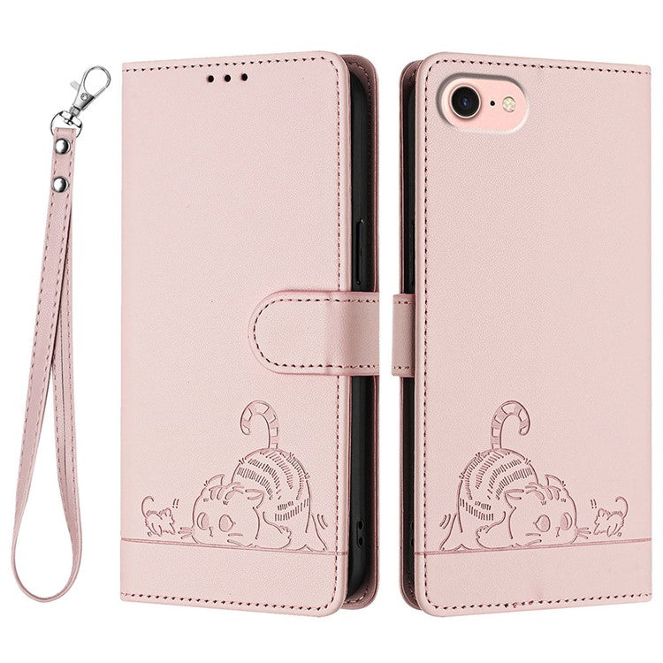 YB Imprinting Series-9 for iPhone SE (2025) Case Cat Mouse Pattern RFID Blocking Leather Cover - Pink