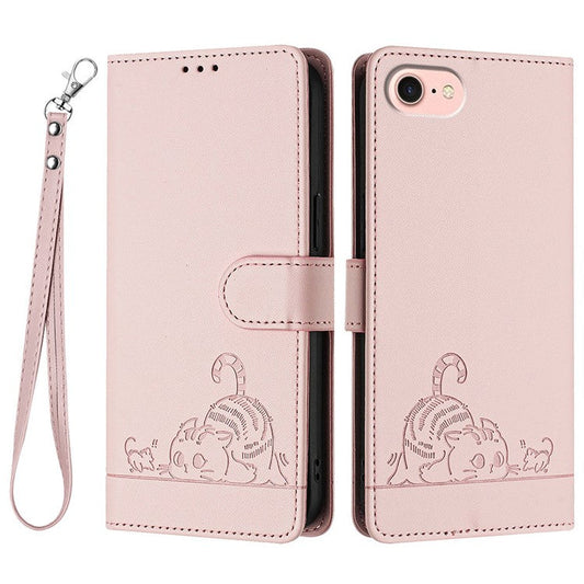 For iPhone 16e Case Cat Mouse Pattern RFID Blocking Leather Cover - Pink