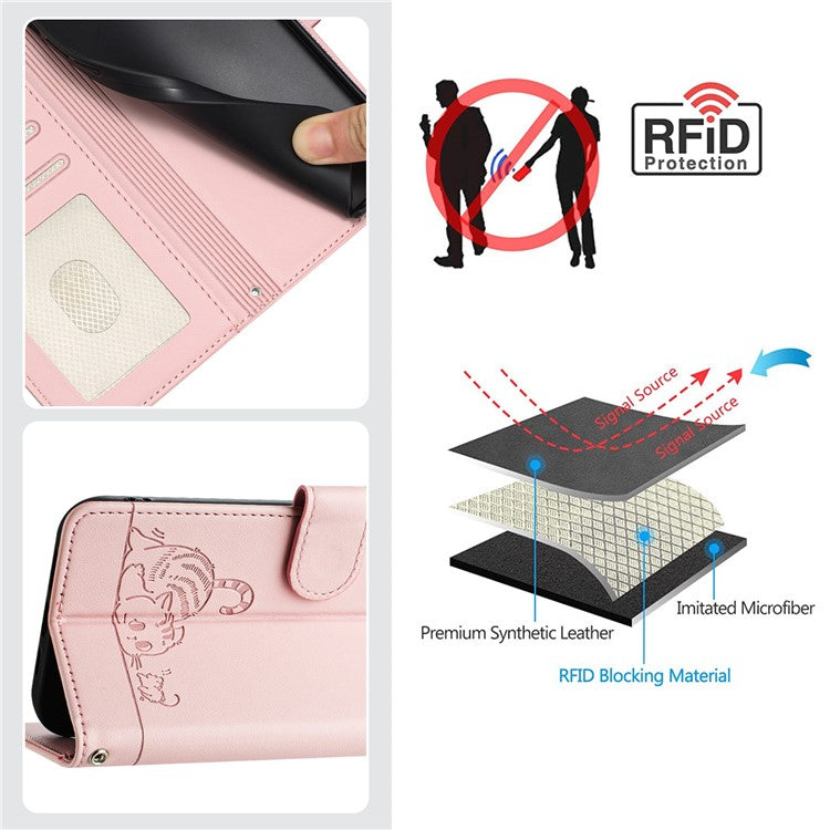 YB Imprinting Series-9 for iPhone SE (2025) Case Cat Mouse Pattern RFID Blocking Leather Cover - Pink