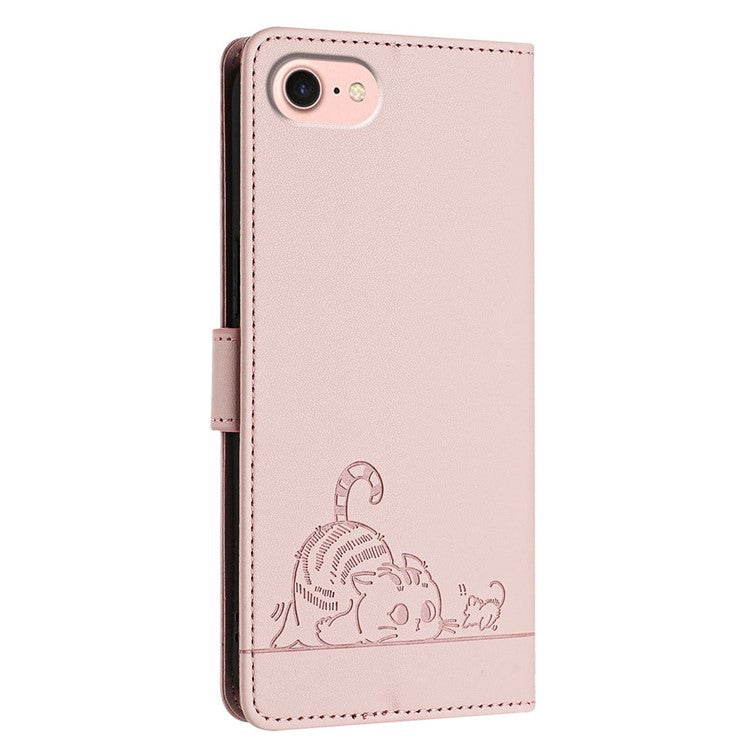 YB Imprinting Series-9 for iPhone SE (2025) Case Cat Mouse Pattern RFID Blocking Leather Cover - Pink
