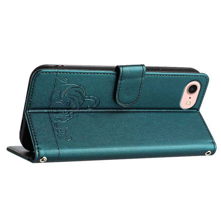 YB Imprinting Series-9 for iPhone SE (2025) Case Cat Mouse Pattern RFID Blocking Leather Cover - Dark Green