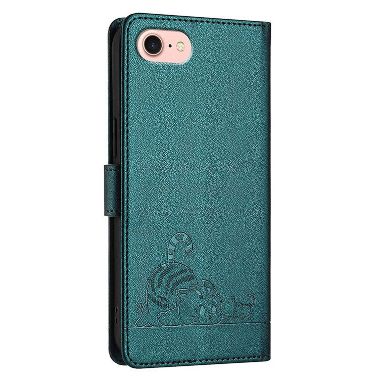 For iPhone 16e Case Cat Mouse Pattern RFID Blocking Leather Cover - Dark Green