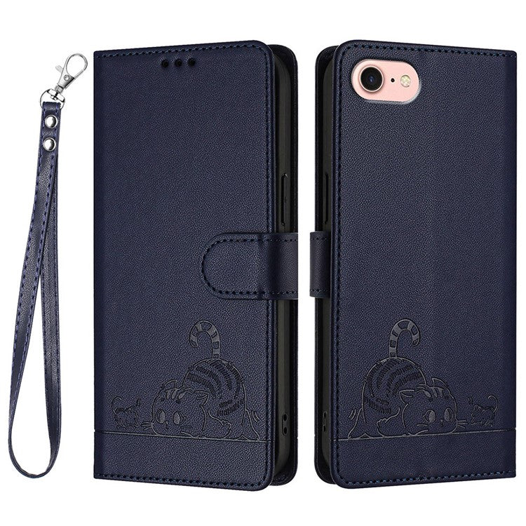YB Imprinting Series-9 for iPhone SE (2025) Case Cat Mouse Pattern RFID Blocking Leather Cover - Sapphire