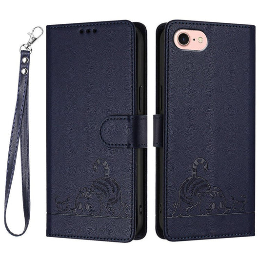 For iPhone 16e Case Cat Mouse Pattern RFID Blocking Leather Cover - Sapphire