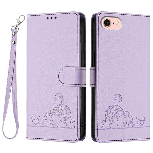 For iPhone 16e Case Cat Mouse Pattern RFID Blocking Leather Cover - Purple