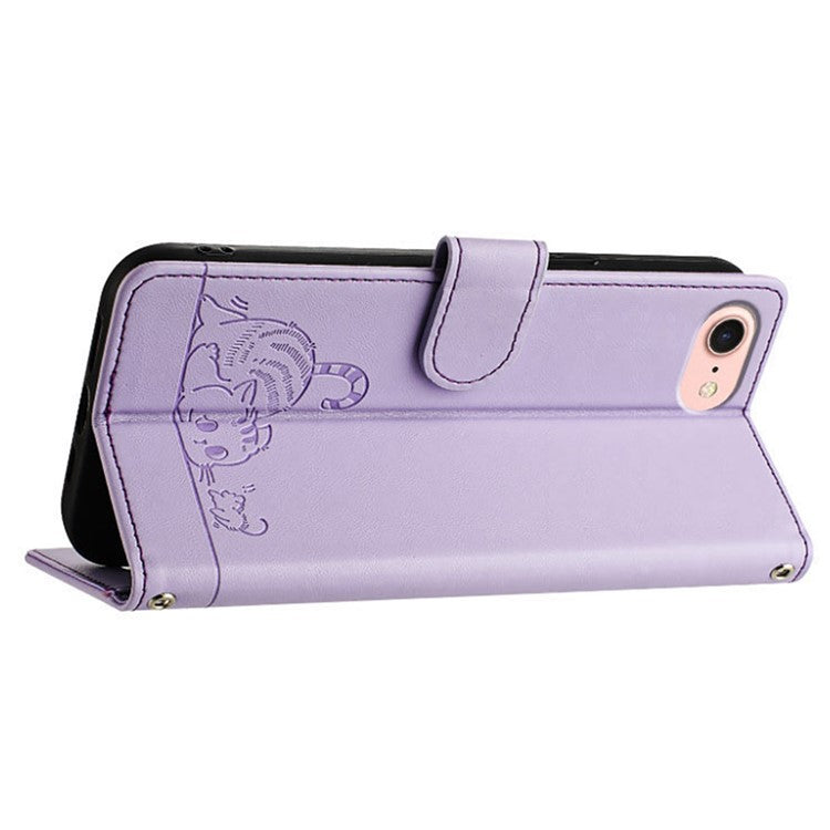 YB Imprinting Series-9 for iPhone SE (2025) Case Cat Mouse Pattern RFID Blocking Leather Cover - Purple