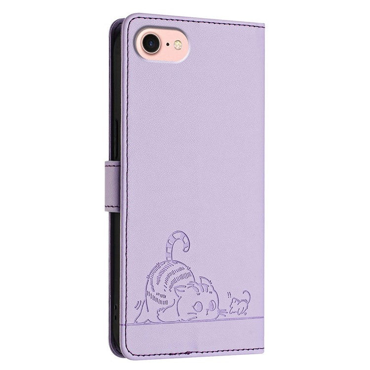 YB Imprinting Series-9 for iPhone SE (2025) Case Cat Mouse Pattern RFID Blocking Leather Cover - Purple