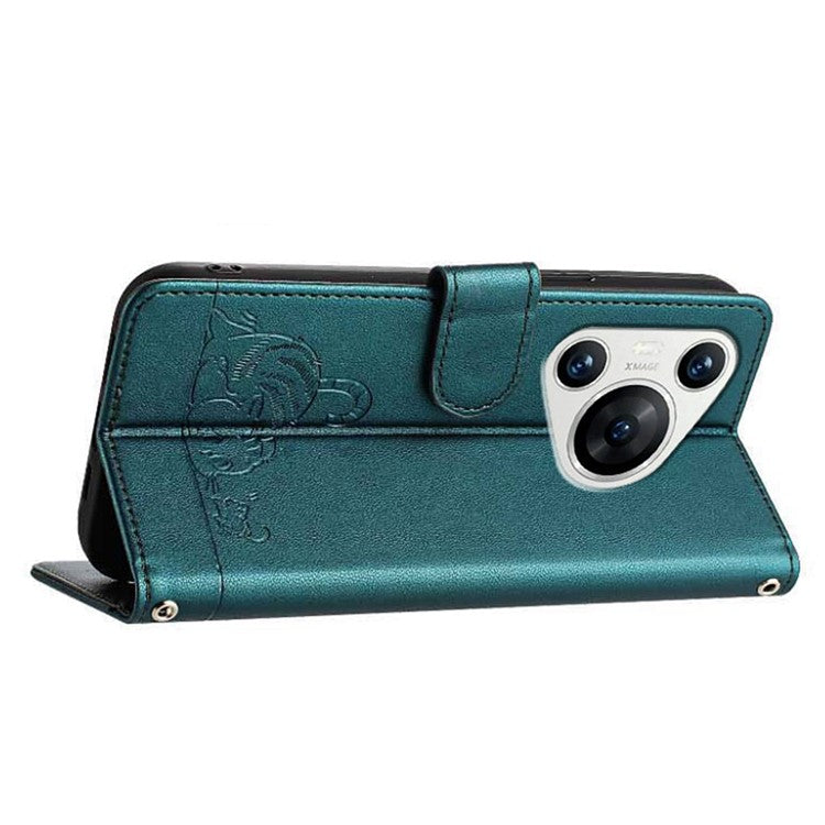 YB Imprinting Series-9 for Huawei Pura 70 Case Card Slots RFID Blocking Cat Mouse Pattern Leather Phone Cover - Dark Green