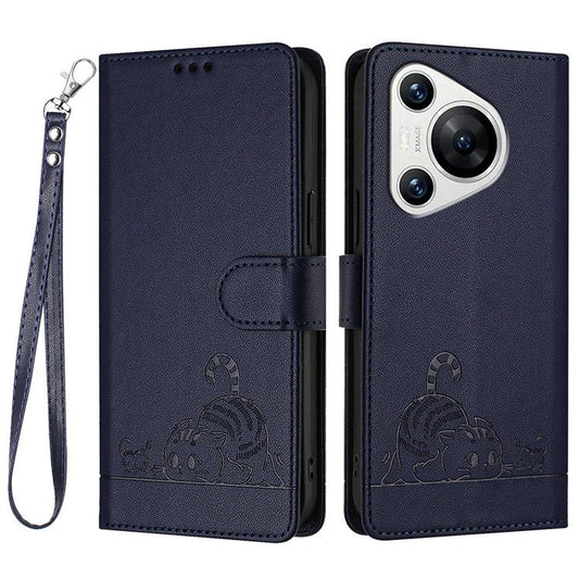 YB Imprinting Series-9 for Huawei Pura 70 Case Card Slots RFID Blocking Cat Mouse Pattern Leather Phone Cover - Sapphire