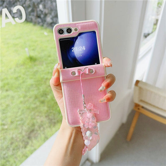 For Samsung Galaxy Z Flip5 5G Cross Texture PU Leather+PC Phone Case with Lace Beaded Pendant - Pink