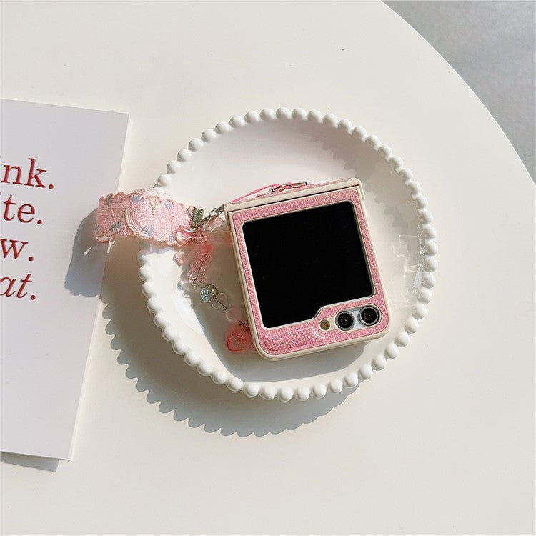 For Samsung Galaxy Z Flip5 5G Cross Texture PU Leather+PC Phone Case with Lace Beaded Pendant - Pink