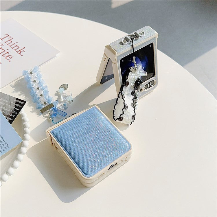 For Samsung Galaxy Z Flip5 5G Cross Texture PU Leather+PC Phone Case with Lace Beaded Pendant - Pink