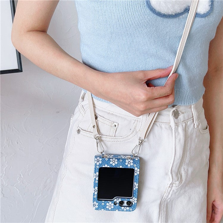For Samsung Galaxy Z Flip5 5G Case Flower Pattern Leather+PC Folding Phone Cover with Crossbody Strap - Blue
