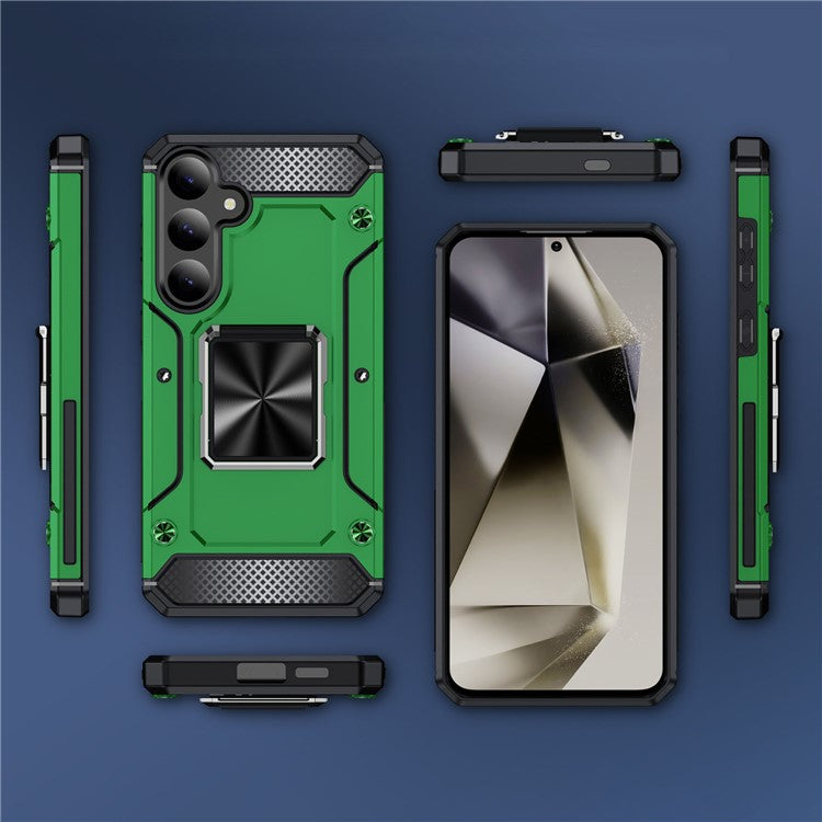 Bulk Purchasing For Samsung Galaxy S24 Case PC+TPU Phone Cover with Rotary Ring Kickstand - Green