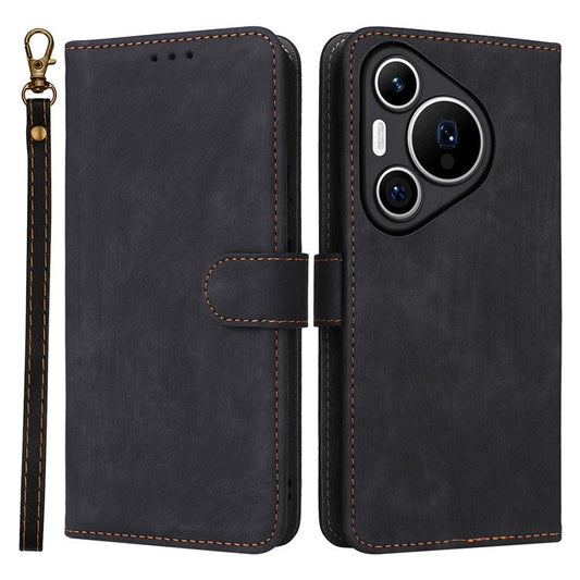 For Huawei Pura 70 Wallet Case RFID Blocking Leather Phone Cover with Strap - Black